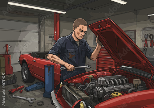 Mechanic Inspecting Red Convertible Car Engine in Garage.