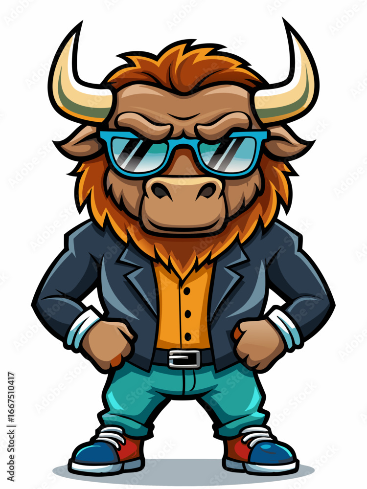 Obraz premium colorful illustration of a cartoon buffalo mascot, isolated on white background, suitable for logo, mascot, branding, game character, and etc