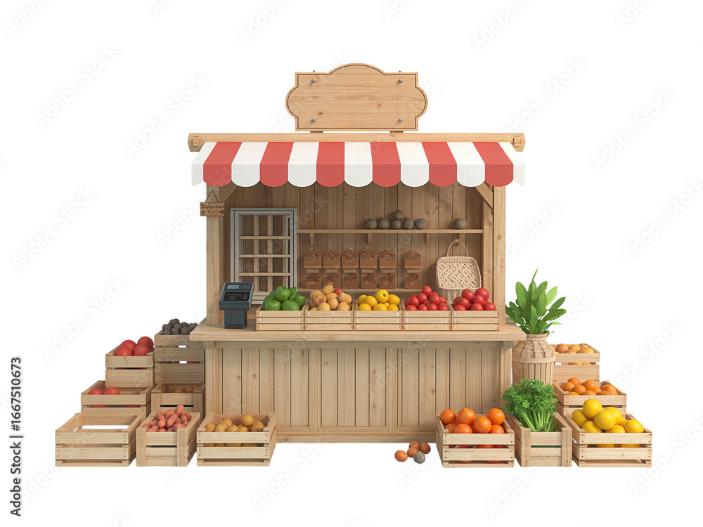 Fototapeta premium Charming wooden market stall brimming with fresh produce isolated on a transparent backdrop