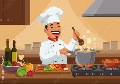 Cheerful Chef Cooking Soup in Kitchen.