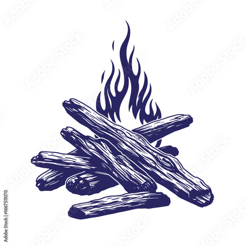 Vintage woodcut illustration of a campfire with blazing flames and stacked logs ready to burn