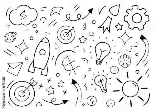 Hand drawn business startup concept icons for new ventures and entrepreneurial ideas presented in a simple line art style suitable for presentations and web design