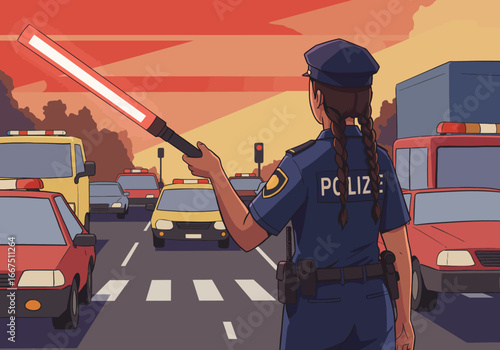 Female Police Officer Directing Traffic with Illuminated Baton.
