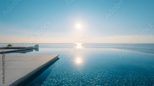 Infinity pool overlooking ocean horizon at golden hour serene sunset luxury travel destination