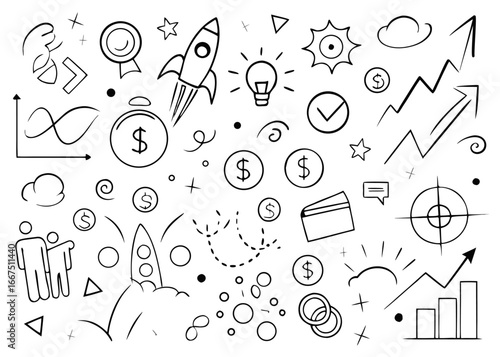 Hand drawn business money concept icons for financial ideas and startup ventures featuring creative sketches