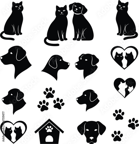 Collection of black silhouette cat and dog icons with paw prints and hearts white