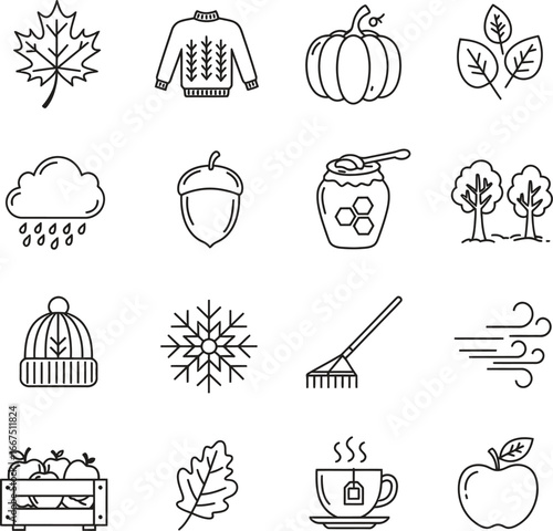 Collection of seasonal icons including maple leaf sweater pumpkin acorn rain cloud snowflake rake tea cup apples and trees