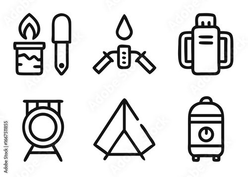Comprehensive outdoor adventure collection featuring camping essentials and wilderness gear with adjustable line weight for versatile design applications