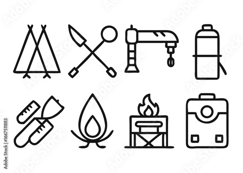 Collection of outdoor adventure symbols for camping and exploration with adjustable line weight and color options