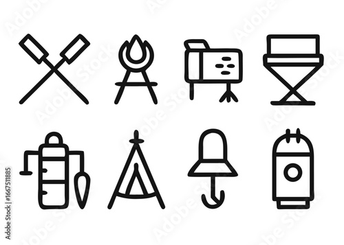 Collection of outdoor adventure symbols for camping trips featuring adjustable line thickness for versatile graphic design applications