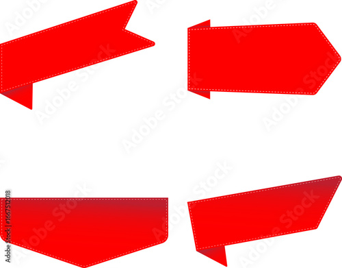 Four Red Ribbon Banners with White Stitching on White Background label