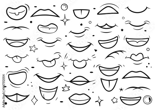 Collection of cartoon mouth expressions showing happiness and sadness with hand gestures for visual projects and advertisements