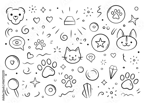 Charming hand drawn collection of cute pets featuring a dog and cat with speech bubbles and decorative frames