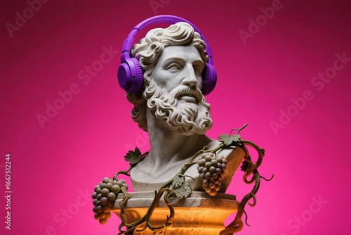 Classical Bust with Purple Headphones and Grape Vines