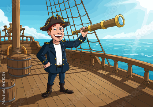 Cartoon Pirate Captain with Spyglass on Ship Deck.