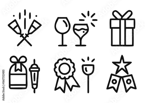 A collection of adaptable celebration themed graphic elements with adjustable line thickness for diverse design applications