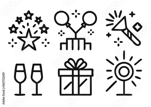 Collection of celebratory graphic elements featuring adjustable line thickness for diverse design applications and festive themes
