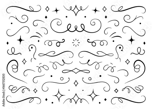 Elegant chalk style flourish swirl calligraphy ornaments hand drawn decorative accents for creative design projects