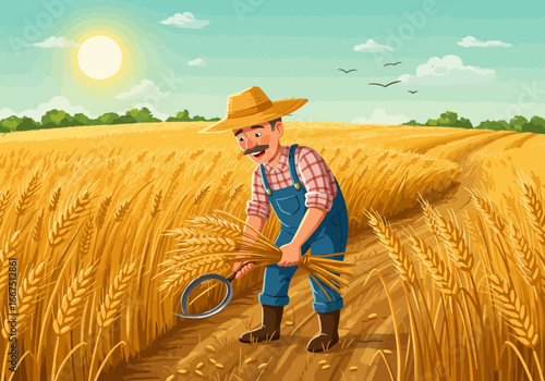 Cartoon Farmer Harvesting Wheat with Sickle in Golden Field.