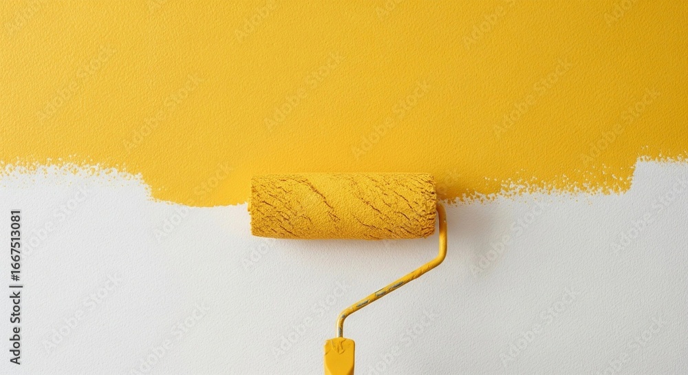 Obraz premium High-resolution close-up of a wall being painted with smooth yellow paint, roller brush applying even strokes across textured surface