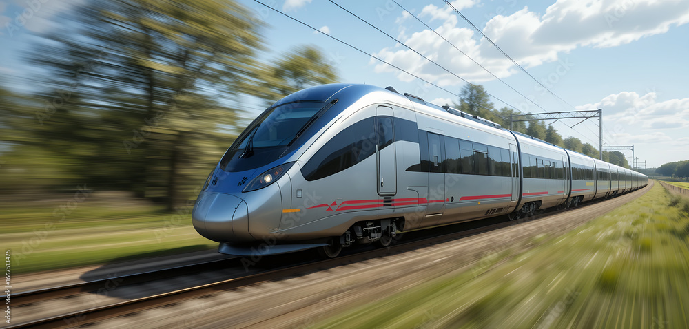 Fototapeta premium sleek modern high speed train traveling rapidly through green countryside under blue sky