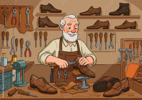 Cartoon Shoemaker Repairing Leather Shoe in Workshop.