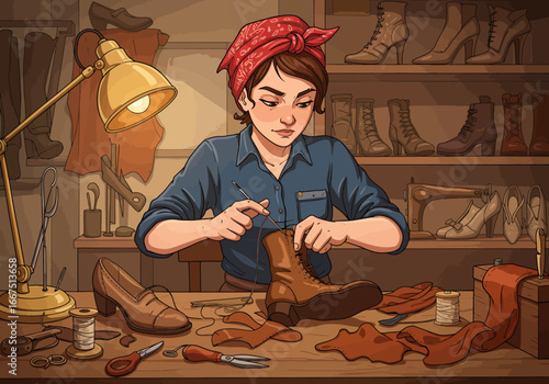 Woman Cobbler Hand-Stitching a Leather Boot in Workshop.