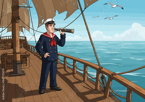 Cartoon Sailor with Spyglass on Ship Deck.