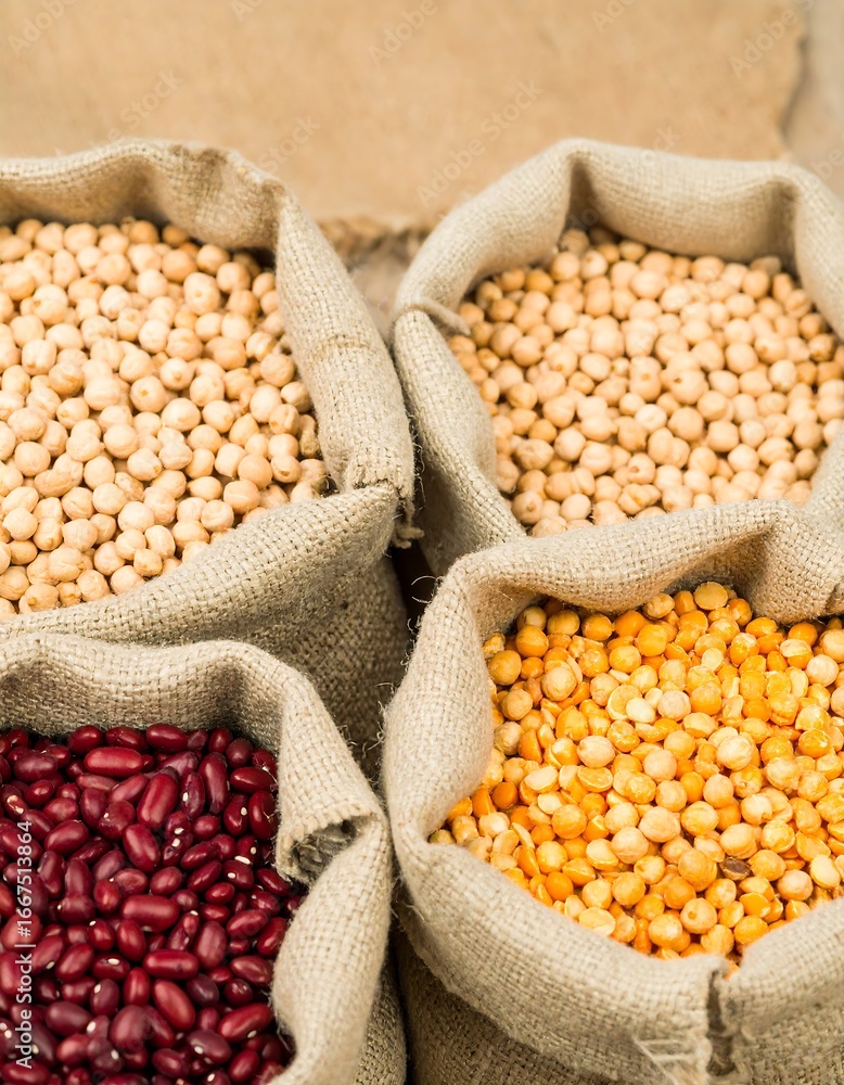 Fototapeta premium Dried legumes in burlap sacks