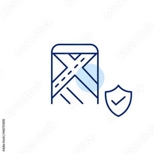 Verified map, trusted navigation, secure route, approved location data. Phone, map, shield and checkmark. Pixel perfect, editable stroke vector icon