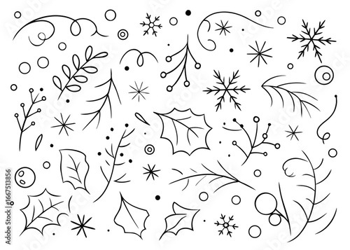 Hand drawn festive holly pine branch with snowflakes decorative element for seasonal greetings and winter celebrations
