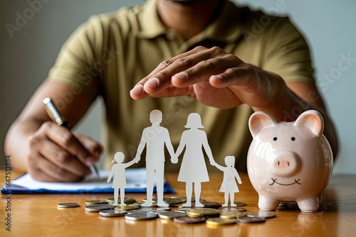 Family safety and financial security concept hands protecting paper figures and piggy bank with coins