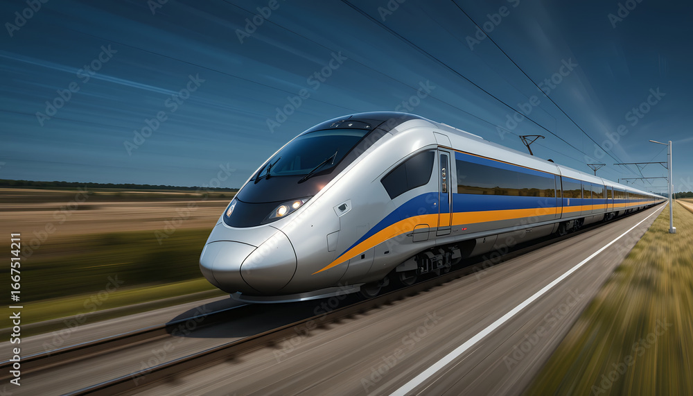 Fototapeta premium High speed modern train traveling swiftly on open railway tracks across flat landscape under clear