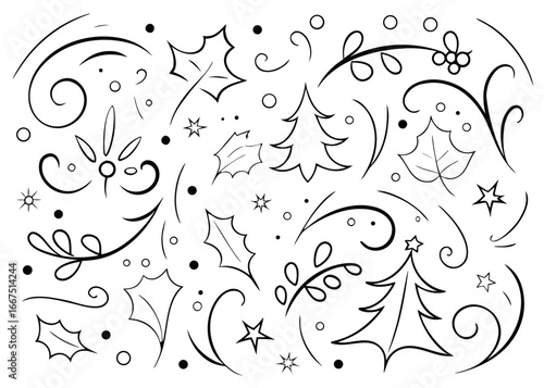 Hand drawn festive christmas tree adorned with holly berries and delicate flowers on a textured background