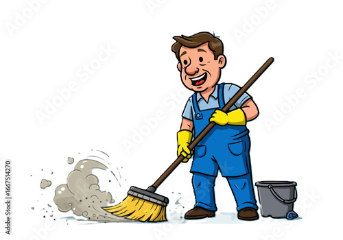 Cartoon Man Sweeping Dust with Broom and Bucket.