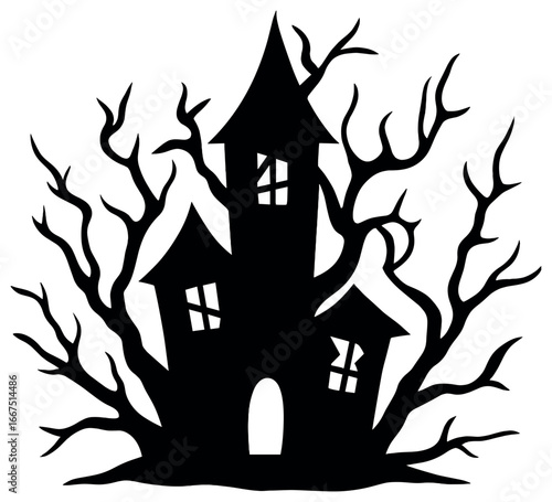 Spooky haunted house vector silhouette for halloween decor and design projects