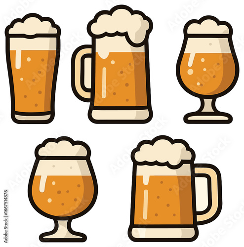 Beer glass icon set vector: craft, ale, lager, mug, and goblet designs for oktoberfest