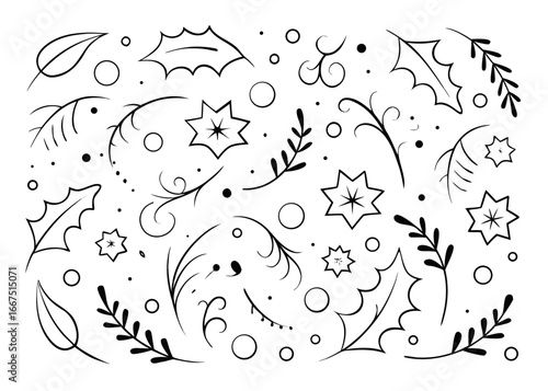 Charming hand drawn christmas plant leaves and flowers collection for festive seasonal decorations and crafts