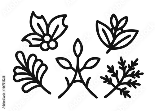 Charming hand drawn christmas plant and flower collection featuring festive botanical elements in black yellow cyan and magenta hues