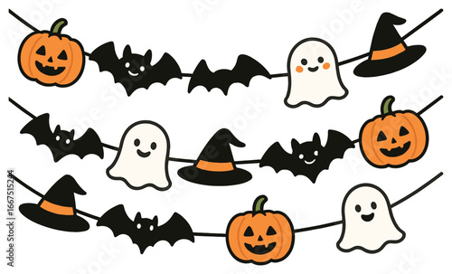 Festive halloween garland vector: spooky decorations with pumpkins, ghosts, and bats