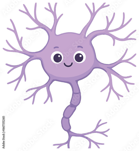 Cute purple neuron cartoon vector for neural science education and brain-themed projects