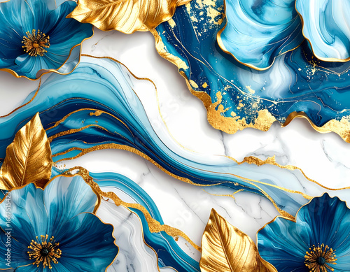 Abstract blue and gold floral marble background design wallpaper art