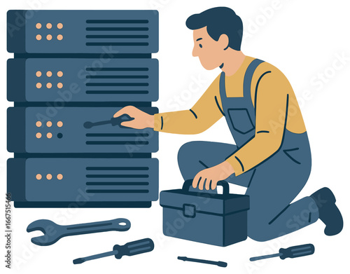 Server maintenance vector: it technician repairing data center, network management concept
