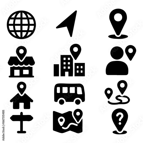 Collection of black location icons including globe map pointer and transportation on transparent background