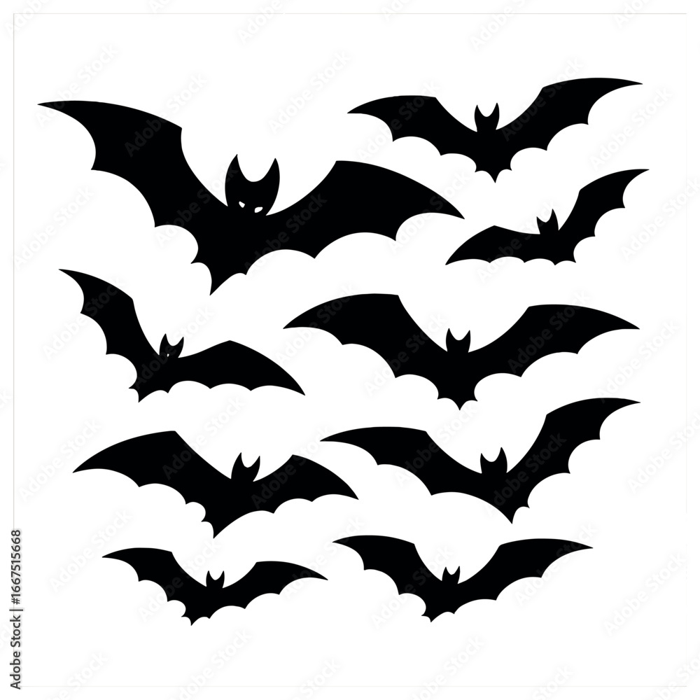 Fototapeta premium Monochrome bat silhouettes in flight | halloween vector art for spooky designs