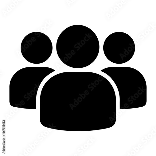 Three simple black figures representing a group of people in silhouette form on transparent background