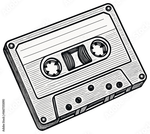 Retro cassette vector illustration: vintage audio tape sketch for nostalgic music themes