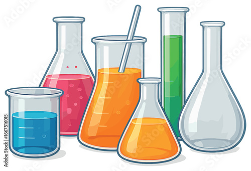 Scientific laboratory equipment: colorful beakers and flasks for chemistry experiments