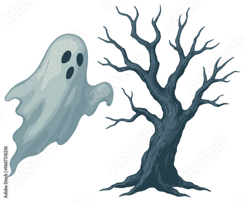 Ethereal ghost illustration: haunting spirit and spooky tree for halloween concepts
