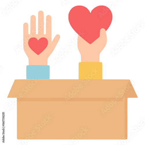 hand give love charity box flat color vector illustration template design